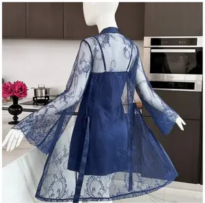 2 Pcs Soft Lace Robe & Silk Inner Nightwear Set for Women | Transparent Net Gown Sleepwear | Free Size (Fits Up to 38" Chest)