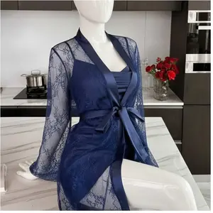 2 Pcs Soft Lace Robe & Silk Inner Nightwear Set for Women | Transparent Net Gown Sleepwear | Free Size (Fits Up to 38" Chest)