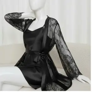 2 Pcs Soft Lace Robe & Silk Inner Nightwear Set for Women | Transparent Net Gown Sleepwear | Free Size (Fits Up to 38" Chest)