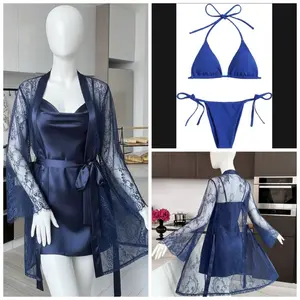 4 Pcs Women's Transparent Net Gown Nightwear Set with Soft Lace Robe, Silk Inner, Bra & Panty | Free Size (Fits Up to 38" Chest)