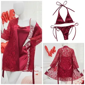 4 Pcs Women's Transparent Net Gown Nightwear Set with Soft Lace Robe, Silk Inner, Bra & Panty | Free Size (Fits Up to 38" Chest)