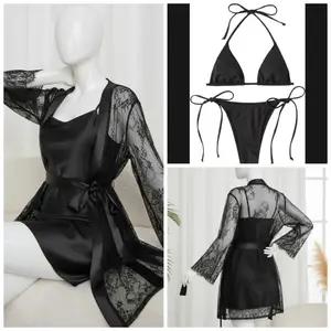 4 Pcs Women's Transparent Net Gown Nightwear Set with Soft Lace Robe, Silk Inner, Bra & Panty | Free Size (Fits Up to 38" Chest)