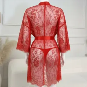 3 Pcs Women's Net Gown Set with Lace Robe, Bra & Panty | Soft Sheer Lingerie Nightwear | Free Size (Fits Up to 38" Chest)