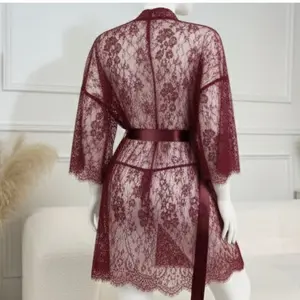 3 Pcs Women's Net Gown Set with Lace Robe, Bra & Panty | Soft Sheer Lingerie Nightwear | Free Size (Fits Up to 38" Chest)