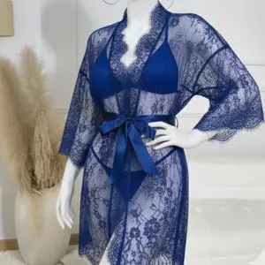 3 Pcs Women's Net Gown Set with Lace Robe, Bra & Panty | Soft Sheer Lingerie Nightwear | Free Size (Fits Up to 38" Chest)