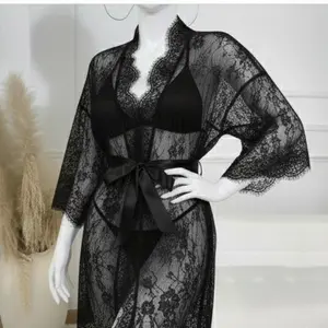 3 Pcs Women's Net Gown Set with Lace Robe, Bra & Panty | Soft Sheer Lingerie Nightwear | Free Size (Fits Up to 38" Chest)