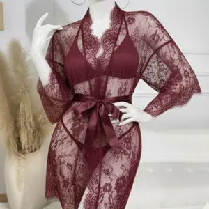 3 Pcs Women's Net Gown Set with Lace Robe, Bra & Panty | Soft Sheer Lingerie Nightwear | Free Size (Fits Up to 38" Chest)