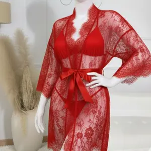 3 Pcs Women's Net Gown Set with Lace Robe, Bra & Panty | Soft Sheer Lingerie Nightwear | Free Size (Fits Up to 38" Chest)