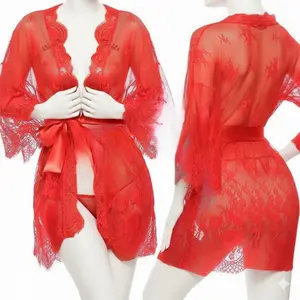 Single Pcs Women's Transparent Net Lace Robe Gown with Satin Belt | Long Sleeve Sheer Nightwear | Free Size