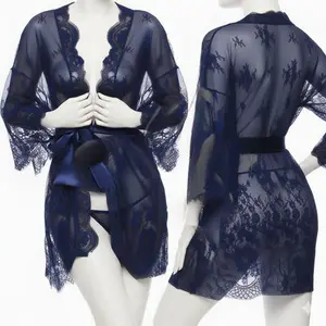 Single Pcs Women's Transparent Net Lace Robe Gown with Satin Belt | Long Sleeve Sheer Nightwear | Free Size