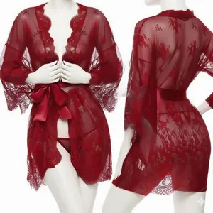 Single Pcs Women's Transparent Net Lace Robe Gown with Satin Belt | Long Sleeve Sheer Nightwear | Free Size