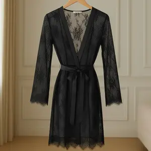 Single Pcs Women's Transparent Net Lace Robe Gown with Satin Belt | Long Sleeve Sheer Nightwear | Free Size