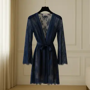 Single Pcs Women's Transparent Net Lace Robe Gown with Satin Belt | Long Sleeve Sheer Nightwear | Free Size