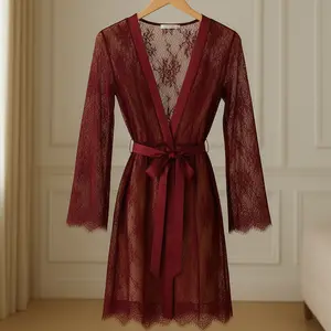 Single Pcs Women's Transparent Net Lace Robe Gown with Satin Belt | Long Sleeve Sheer Nightwear | Free Size