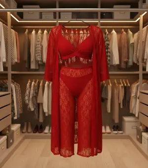 4 Pcs Women's Transparent Net Lace Nightwear Set with Gown, Bra, Panty & Trouser | Free Size
