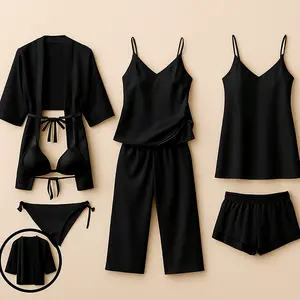 7 Pcs Women's Premium Satin Silk Nightwear & Lingerie Set with Robe, Slip Dress, Camisole, Shorts, Pants, Bra & Panty | Free Size (Fits Up to 38" Chest & 42" Waist)