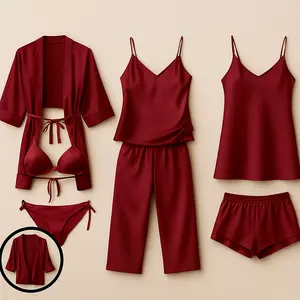 7 Pcs Women's Premium Satin Silk Nightwear & Lingerie Set with Robe, Slip Dress, Camisole, Shorts, Pants, Bra & Panty | Free Size (Fits Up to 38" Chest & 42" Waist)