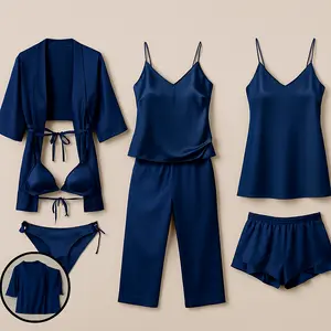 7 Pcs Women's Premium Satin Silk Nightwear & Lingerie Set with Robe, Slip Dress, Camisole, Shorts, Pants, Bra & Panty | Free Size (Fits Up to 38" Chest & 42" Waist)