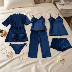 7 Pcs Women's Premium Satin Silk Nightwear & Lingerie Set with Robe, Slip Dress, Camisole, Shorts, Pants, Bra & Panty | Free Size (Fits Up to 38" Chest & 42" Waist)