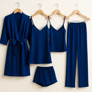 5 Pcs Women's Premium Satin Silk Nightwear Set with Robe, Camisole, Shorts, Pants & Slip Dress | Free Size (Fits Up to 38" Chest & 42" Waist)