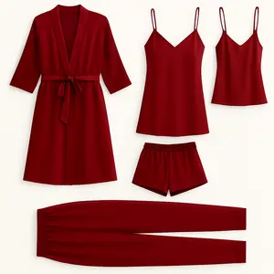 5 Pcs Women's Premium Satin Silk Nightwear Set with Robe, Camisole, Shorts, Pants & Slip Dress | Free Size (Fits Up to 38" Chest & 42" Waist)