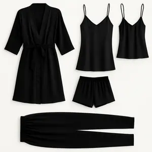 5 Pcs Women's Premium Satin Silk Nightwear Set with Robe, Camisole, Shorts, Pants & Slip Dress | Free Size (Fits Up to 38" Chest & 42" Waist)