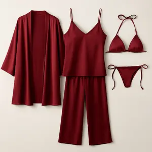 5 Pcs Women's Premium Satin Silk Nightwear Set with Robe, Camisole, Pants & Bikini | Free Size (Fits Up to 38" Chest & 42" Waist)