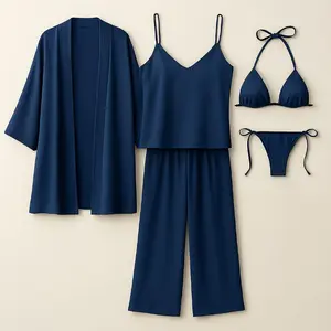5 Pcs Women's Premium Satin Silk Nightwear Set with Robe, Camisole, Pants & Bikini | Free Size (Fits Up to 38" Chest & 42" Waist)