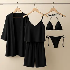 5 Pcs Women's Premium Satin Silk Nightwear Set with Robe, Camisole, Pants & Bikini | Free Size (Fits Up to 38" Chest & 42" Waist)