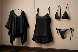 3 Pcs Women's Premium Satin Silk Nightwear Set with Robe, Slip Dress & Halter Bikini | Free Size (Fits Up to 38" Chest & 42" Waist)