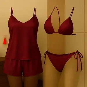 3 Pcs Women's Premium Satin Silk Nightwear & Lingerie Set with Camisole, Shorts & Halter Bikini | Free Size (Fits Up to 38" Chest & 42" Waist)