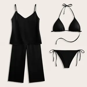 3 Pcs Women's Premium Satin Silk Nightwear Set with Camisole, Pajama & Halter Bikini | Free Size (Fits Up to 38" Chest & 42" Waist)