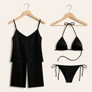 3 Pcs Women's Premium Satin Silk Nightwear Set with Camisole, Pajama & Halter Bikini | Free Size (Fits Up to 38" Chest & 42" Waist)