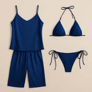 3 Pcs Women's Premium Satin Silk Nightwear Set with Camisole, Pajama & Halter Bikini | Free Size (Fits Up to 38" Chest & 42" Waist)