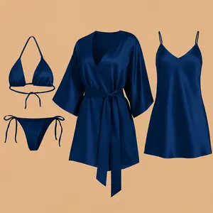 4 Pcs Satin Silk Nightwear Set for Women with Robe, Slip Dress & Halter Bikini | Free Size (Fits Up to 38" Chest & 42" Waist)