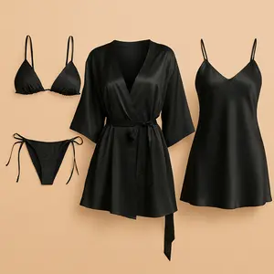4 Pcs Satin Silk Nightwear Set for Women with Robe, Slip Dress & Halter Bikini | Free Size (Fits Up to 38" Chest & 42" Waist)