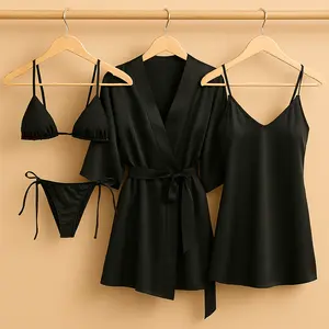 4 Pcs Satin Silk Nightwear Set for Women with Robe, Slip Dress & Halter Bikini | Free Size (Fits Up to 38" Chest & 42" Waist)