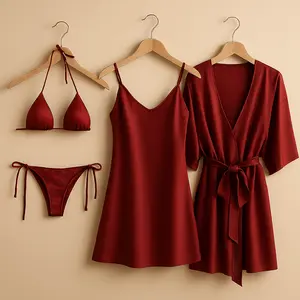 4 Pcs Satin Silk Nightwear Set for Women with Robe, Slip Dress & Halter Bikini | Free Size (Fits Up to 38" Chest & 42" Waist)
