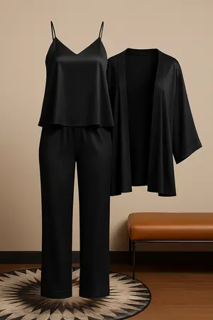 3-Piece Premium Satin Sleepwear Set for Women with Camisole, Pants & Robe | Free Size (Fits Bra Sizes 28–38)