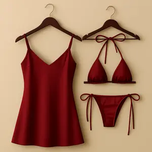 3-Piece Satin Lingerie Set for Women with Slip Dress & Bikini | Free Size (Fits Up to 38" Chest & 42" Waist)