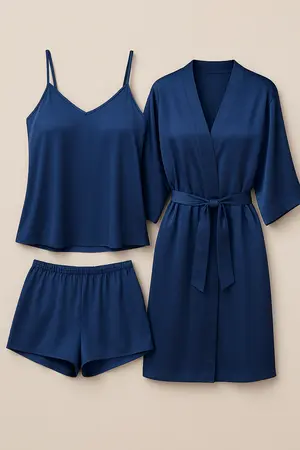 3-Piece Satin Sleepwear Set for Women with Camisole, Shorts & Robe | Free Size (Fits Up to 38" Chest & 42" Waist)