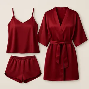 3-Piece Satin Sleepwear Set for Women with Camisole, Shorts & Robe | Free Size (Fits Up to 38" Chest & 42" Waist)