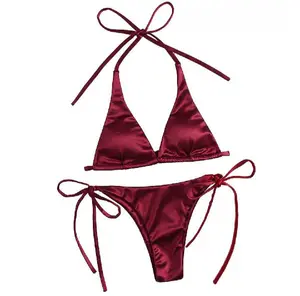Women's Halter Neck Triangle Bikini Set with Adjustable Side-Tie Bottom | Free Size (Fits Up to 38" Chest & 42" Waist)