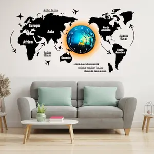 3D Wooden World Map Wall Clock with Aesthetic Dial – Premium 40-Inch Lasani Wood Home Decor Clock