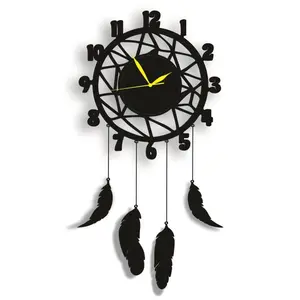 Wooden Feather Wall Hanging Clock – 3D Dream Catcher Style Wall Decor