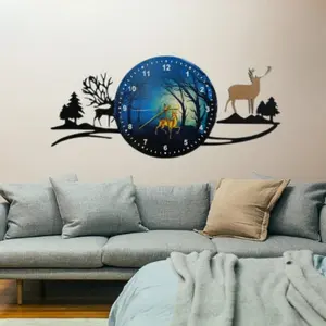 Forest Deer Blue Jungle Wooden Wall Clock 25 Inch – Fancy Home Décor