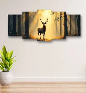 Premium 5-Piece Deer Forest Sunset Wall Art – Luxury Wooden Sticky Tile Frame Collection