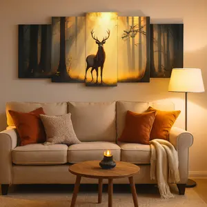 Premium 5-Piece Deer Forest Sunset Wall Art – Luxury Wooden Sticky Tile Frame Collection