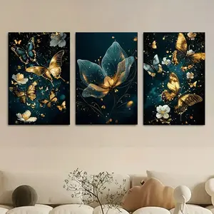 Premium 3-Piece Butterfly Floral Wall Art – Luxury Wooden Sticky Tile Frame Collection