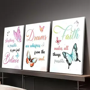 Premium 3-Piece Inspirational Butterfly Wall Art – Believe, Dream & Faith Wooden Sticky Tile Collection